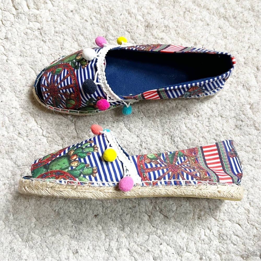 Antica Sartoria Espadrilles Size 39 Cactus Pom Pom Peep Toe Boho Resort Slide